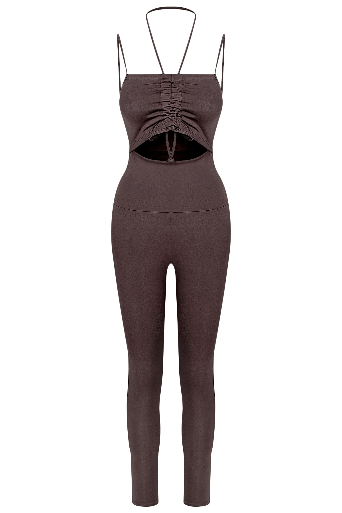 ZARIA Jumpsuit Brown кафяв оформящ спортен гащеризон с връзки в предната част и премахващи се подплънки | TheAmu