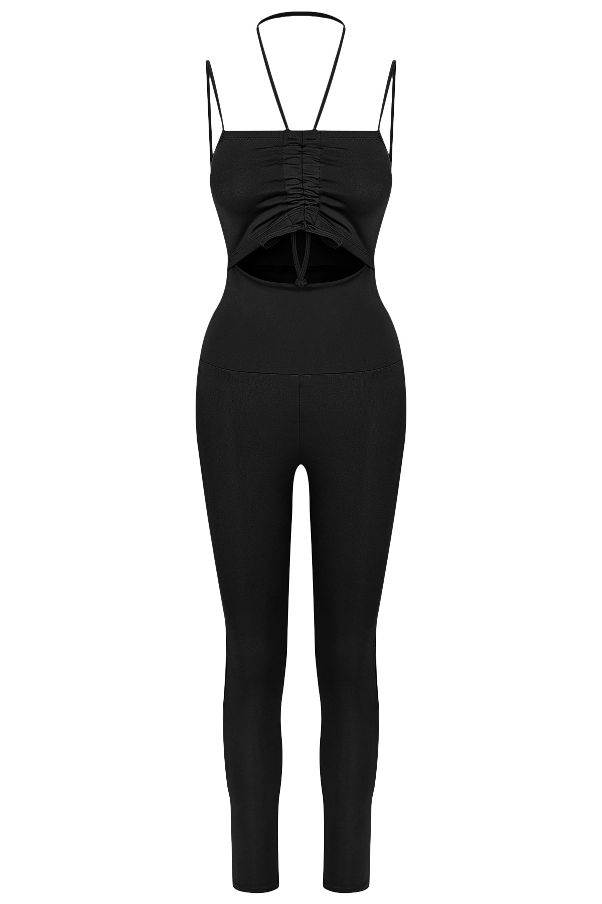 ZARIA Jumpsuit Black черен оформящ спортен гащеризон с връзки в предната част и премахващи се подплънки | TheAmu